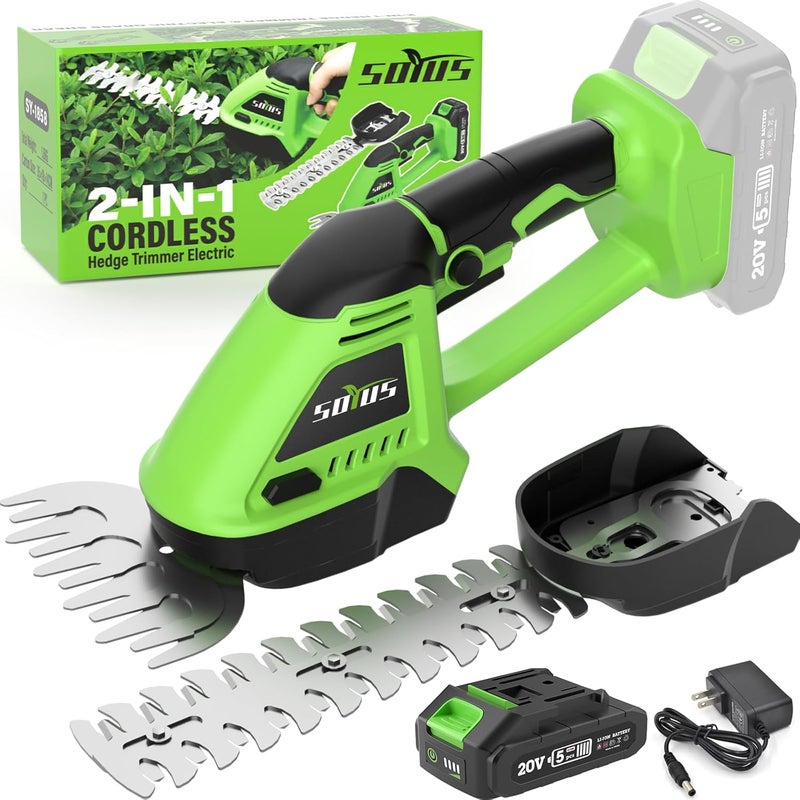 SOYUS Hedge Trimmer Cordless, 2-in-1 Handheld Hedge Trimmers, 20V Electric Grass Shear & Shrubbery Trimmer, Battery Operated Grass Cutter for Garden/Lawn with Charger and Battery - Image 1